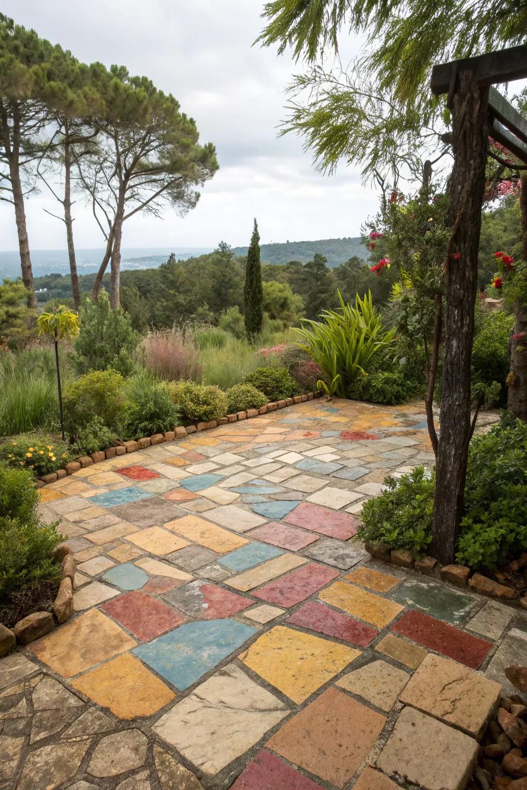 A stone mosaic patio offers a unique charm.