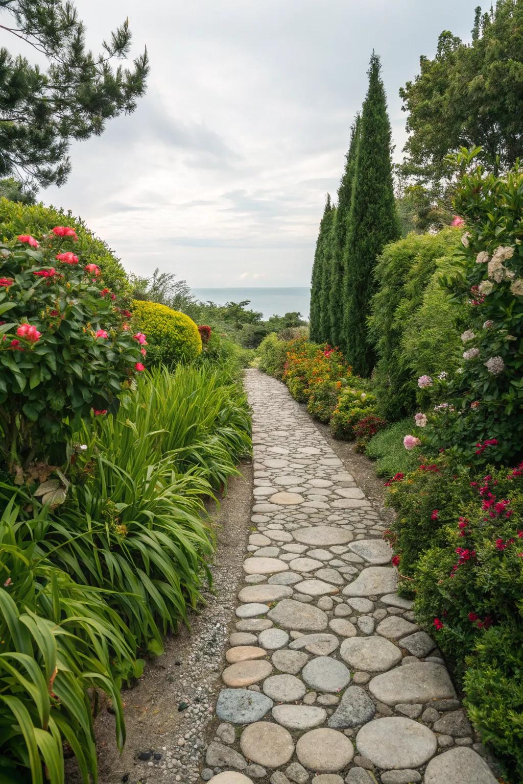 A charming garden pathway crafted from smooth stones.
