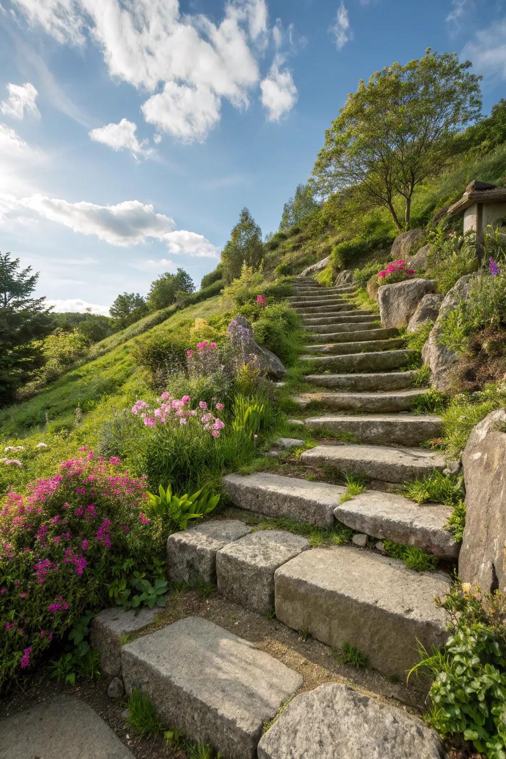Garden steps of large stones create rustic beauty.
