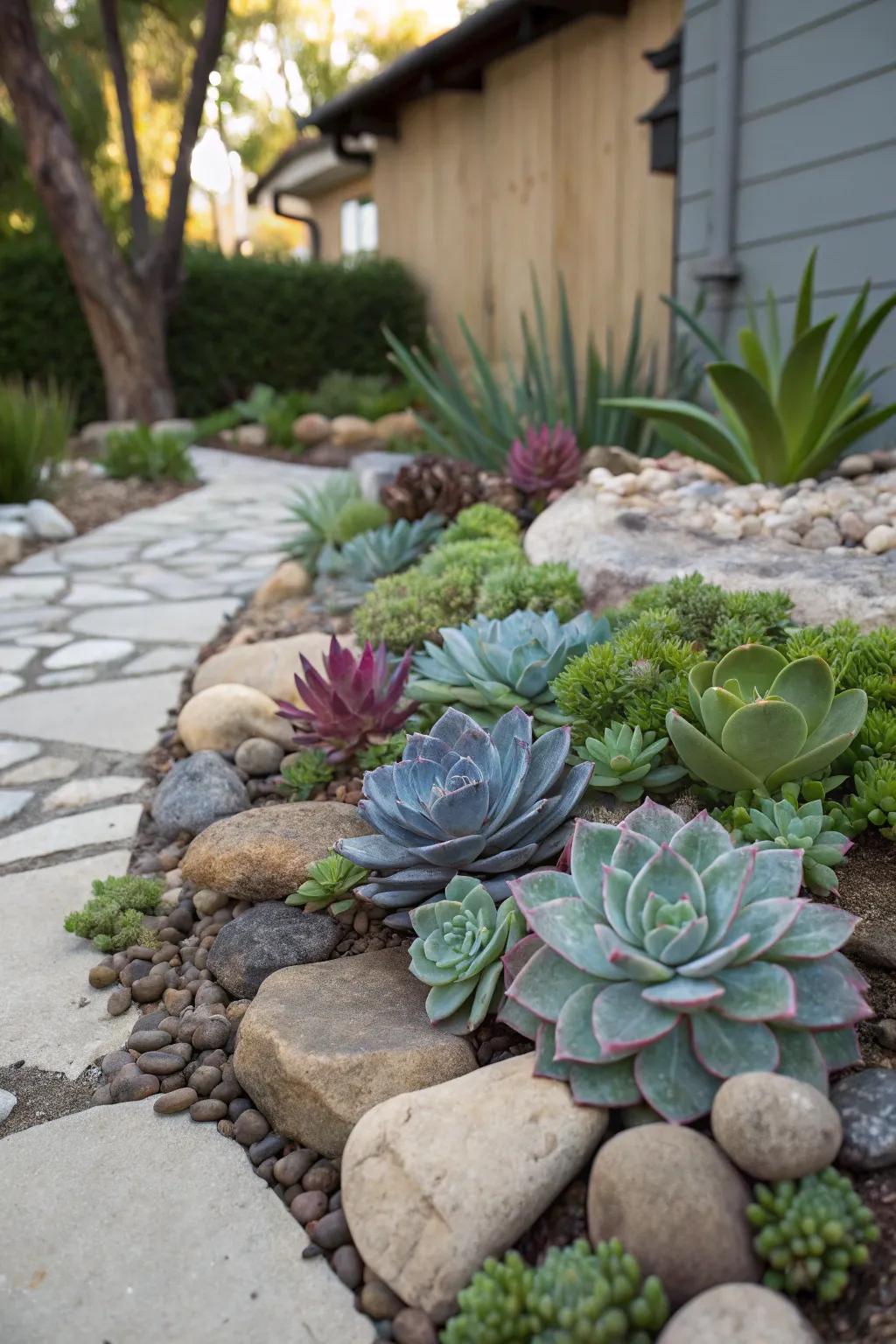 Blend succulents and stones for a beautiful contrast.