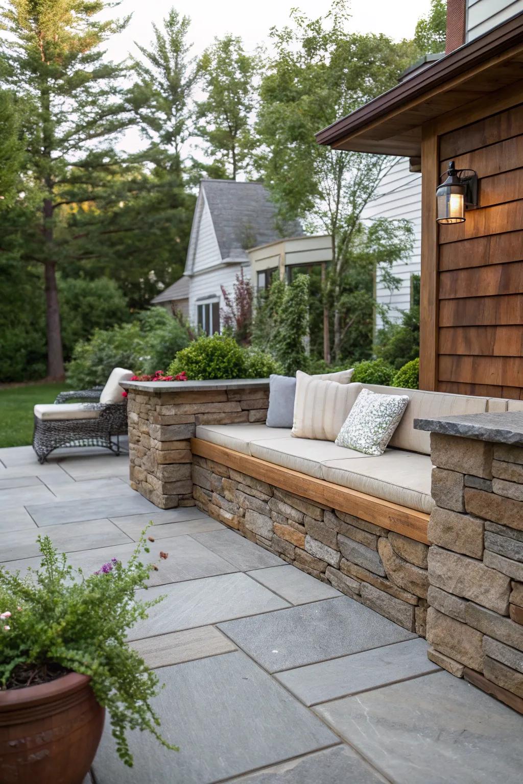 The combination of wood and stone creates a visually appealing sitting wall.