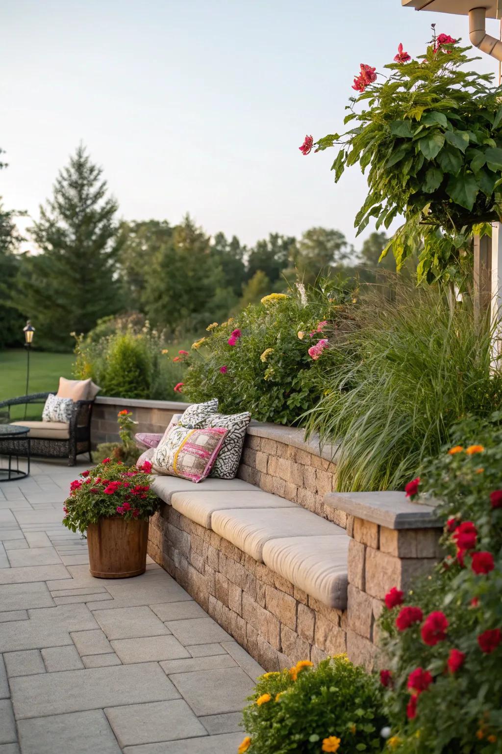 Vibrant greenery surrounding the sitting wall creates a serene and inviting patio.