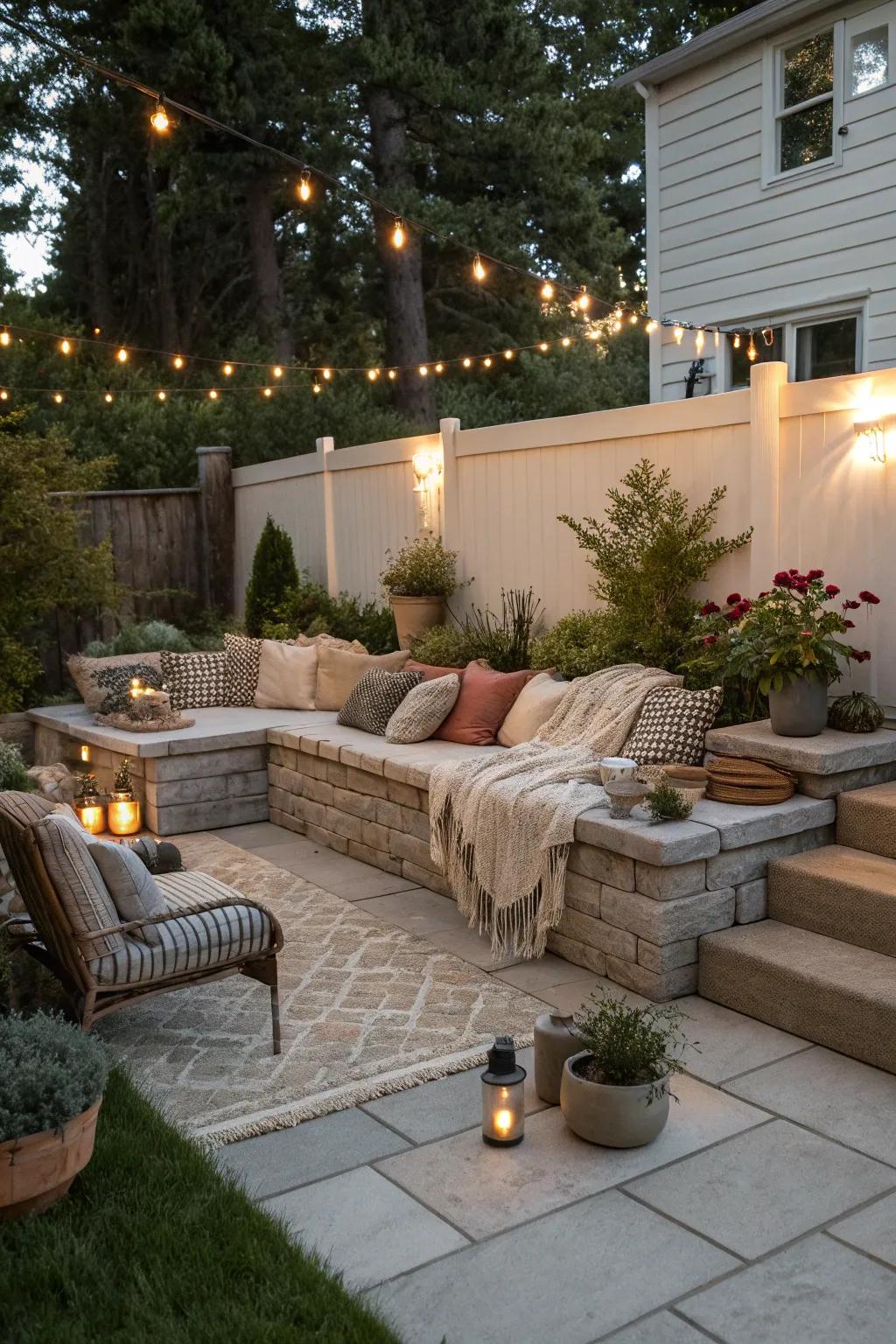 A sunken seating area provides an intimate, cozy patio experience.