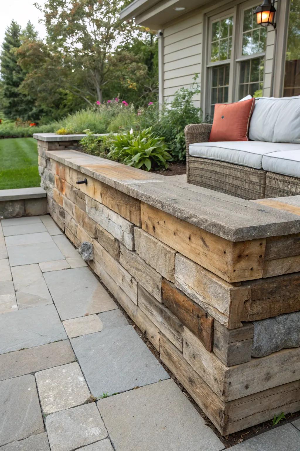 Reclaimed wood and stone combine for a rustic, eco-friendly sitting wall.