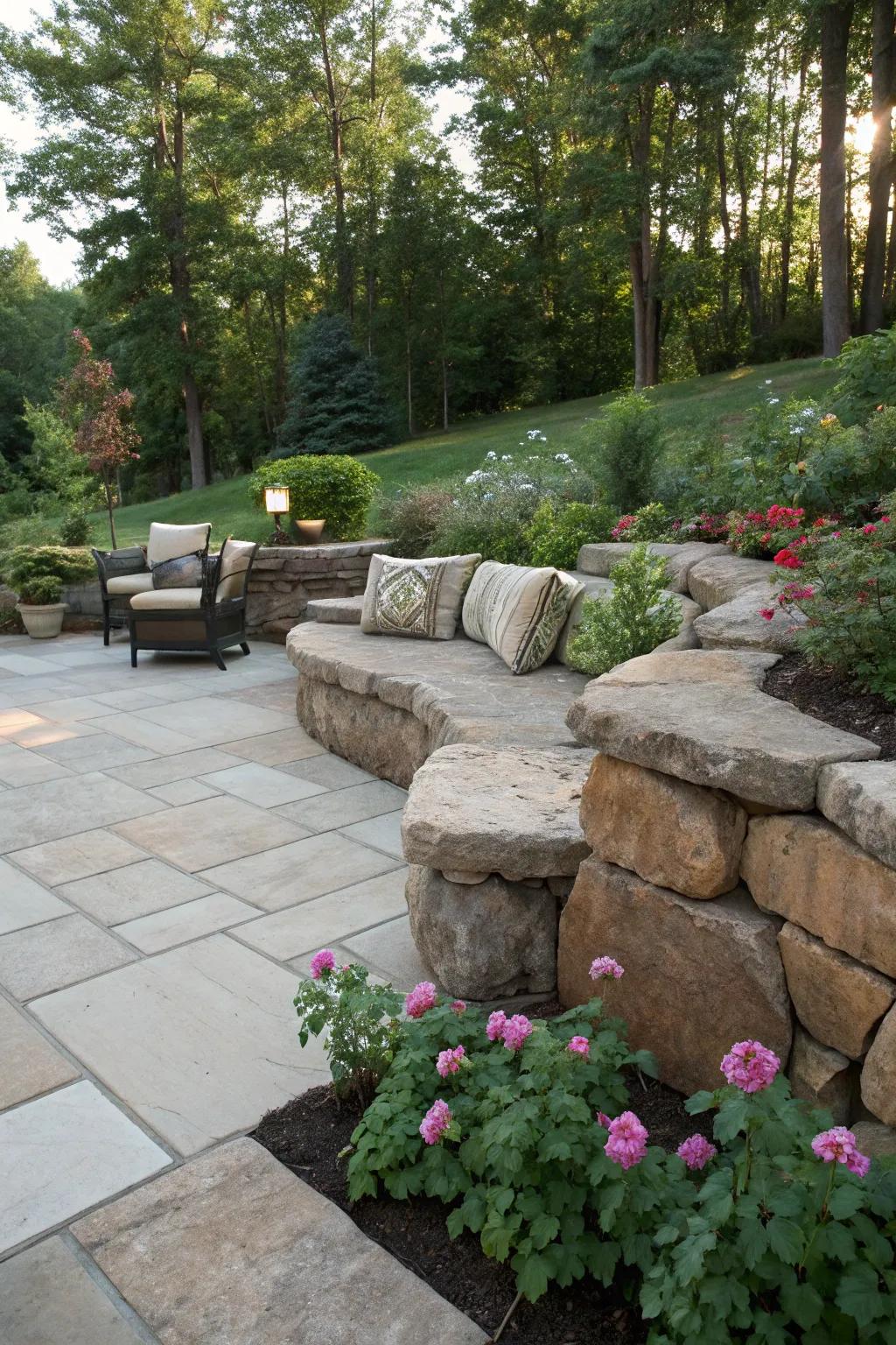 Boulders add a rugged, natural touch to this sitting wall design.