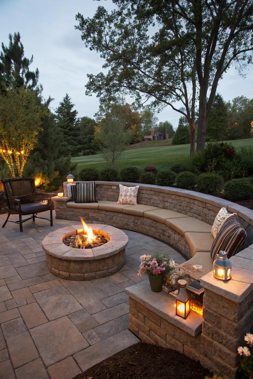 A stone sitting wall encircles a fire pit, creating a warm and inviting atmosphere for outdoor gatherings.
