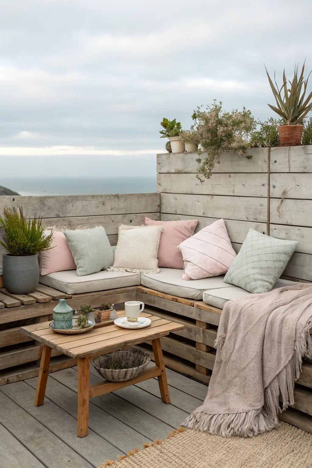 Comfortable cushions and a coffee table complement this sitting wall perfectly.