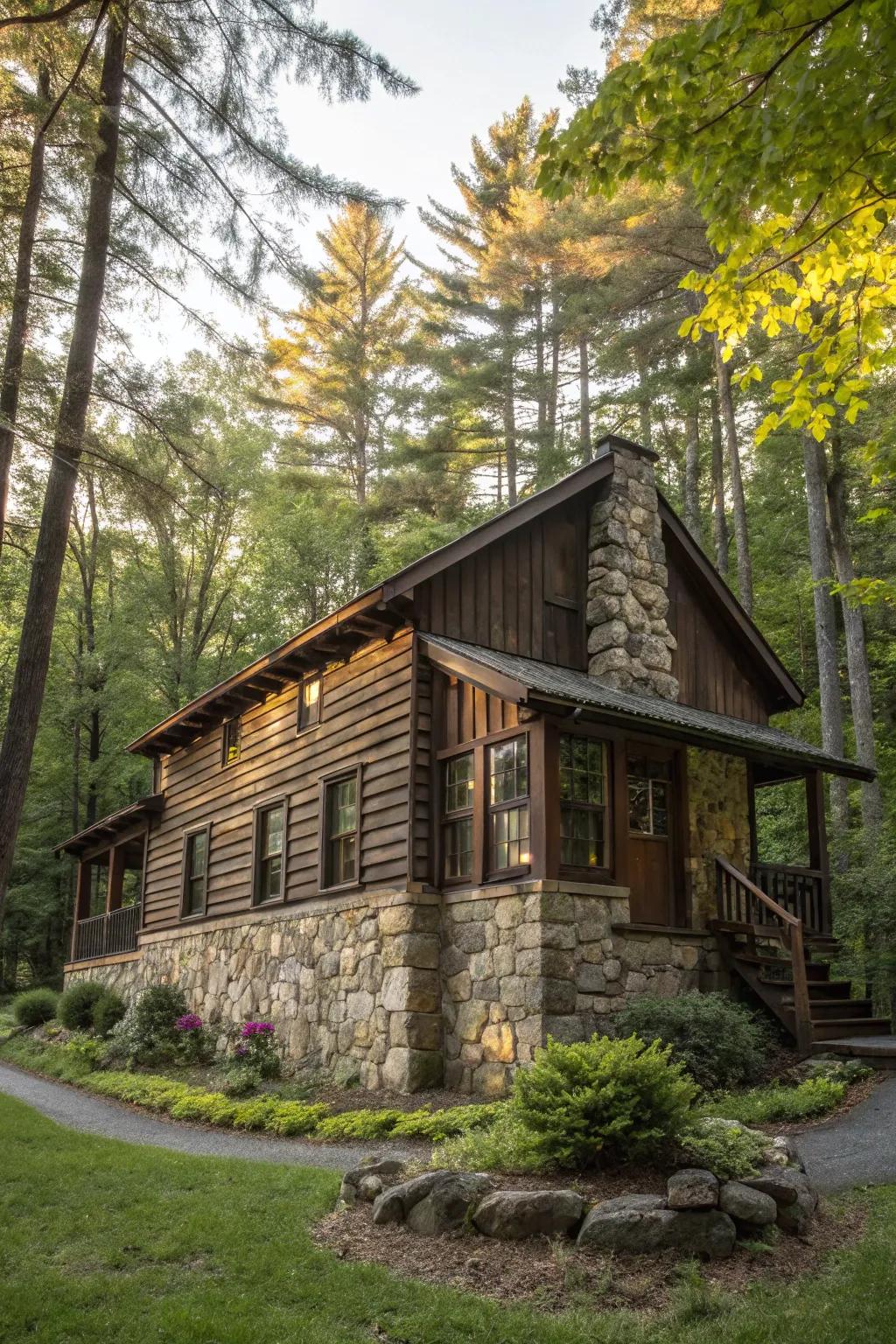 Stone and wood combinations add texture and depth to cabin exteriors.