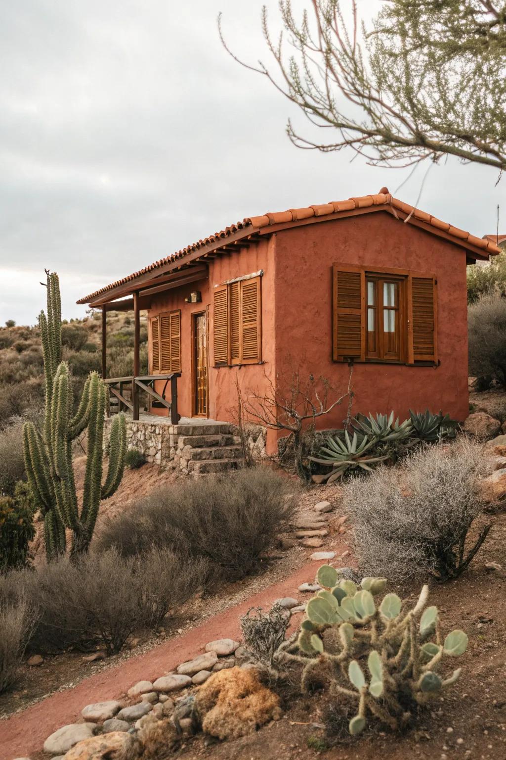 Terracotta tones add warmth and rustic charm to cabin exteriors.
