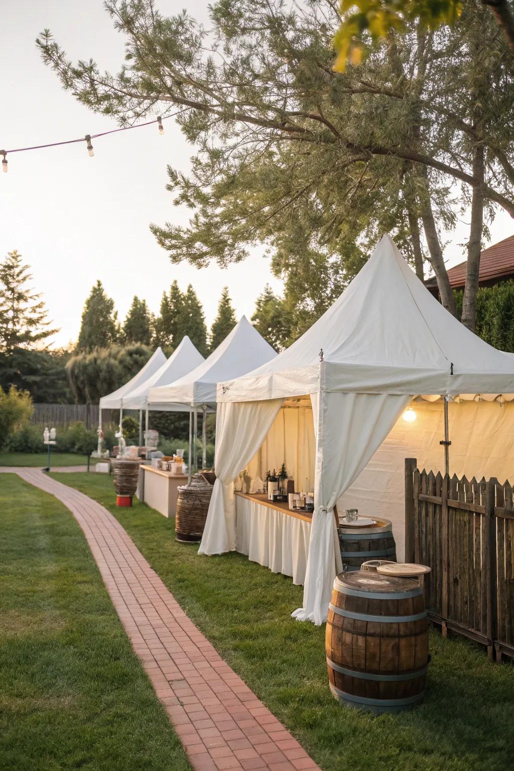 White tents create a charming focal point for any gathering.