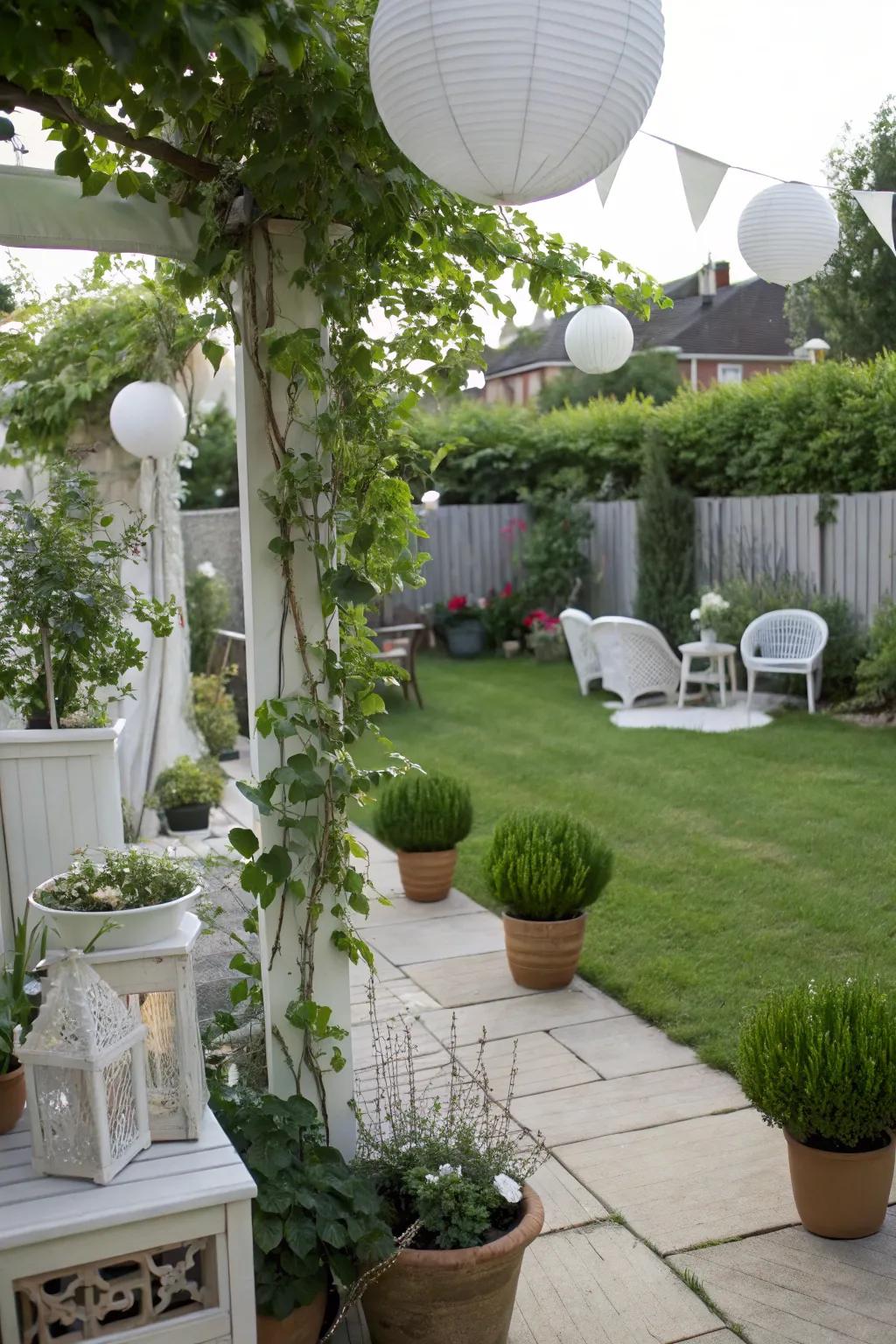 Natural greenery beautifully complements a white-themed decor.