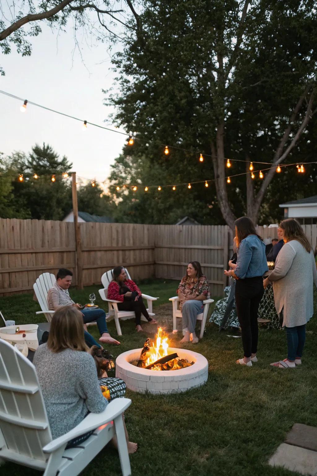 A white fire pit provides warmth and a cozy gathering spot.