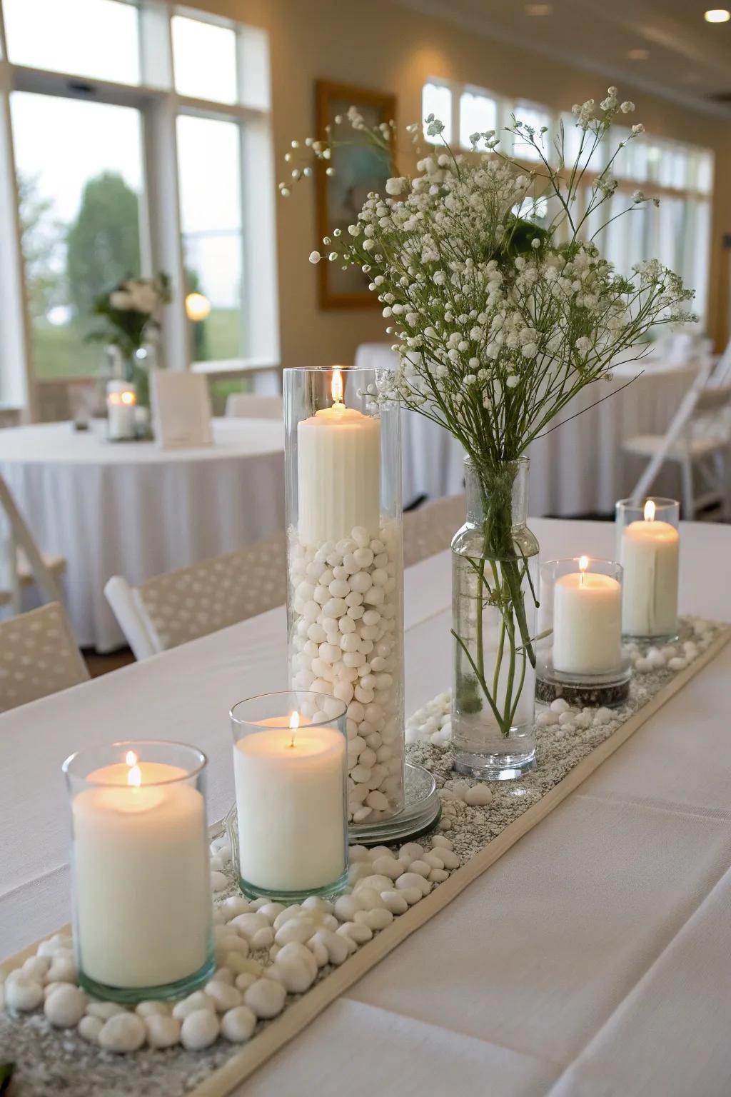 White-themed centerpieces bring elegance to your table settings.