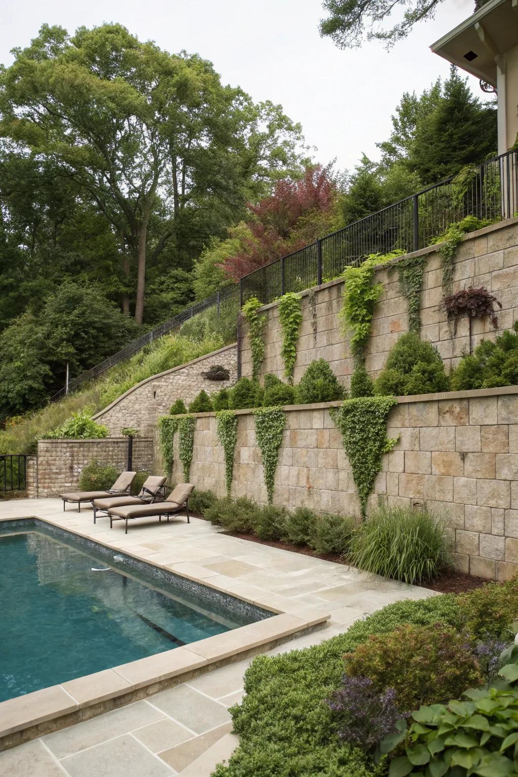 Privacy screens offer seclusion in sloped backyard pools.