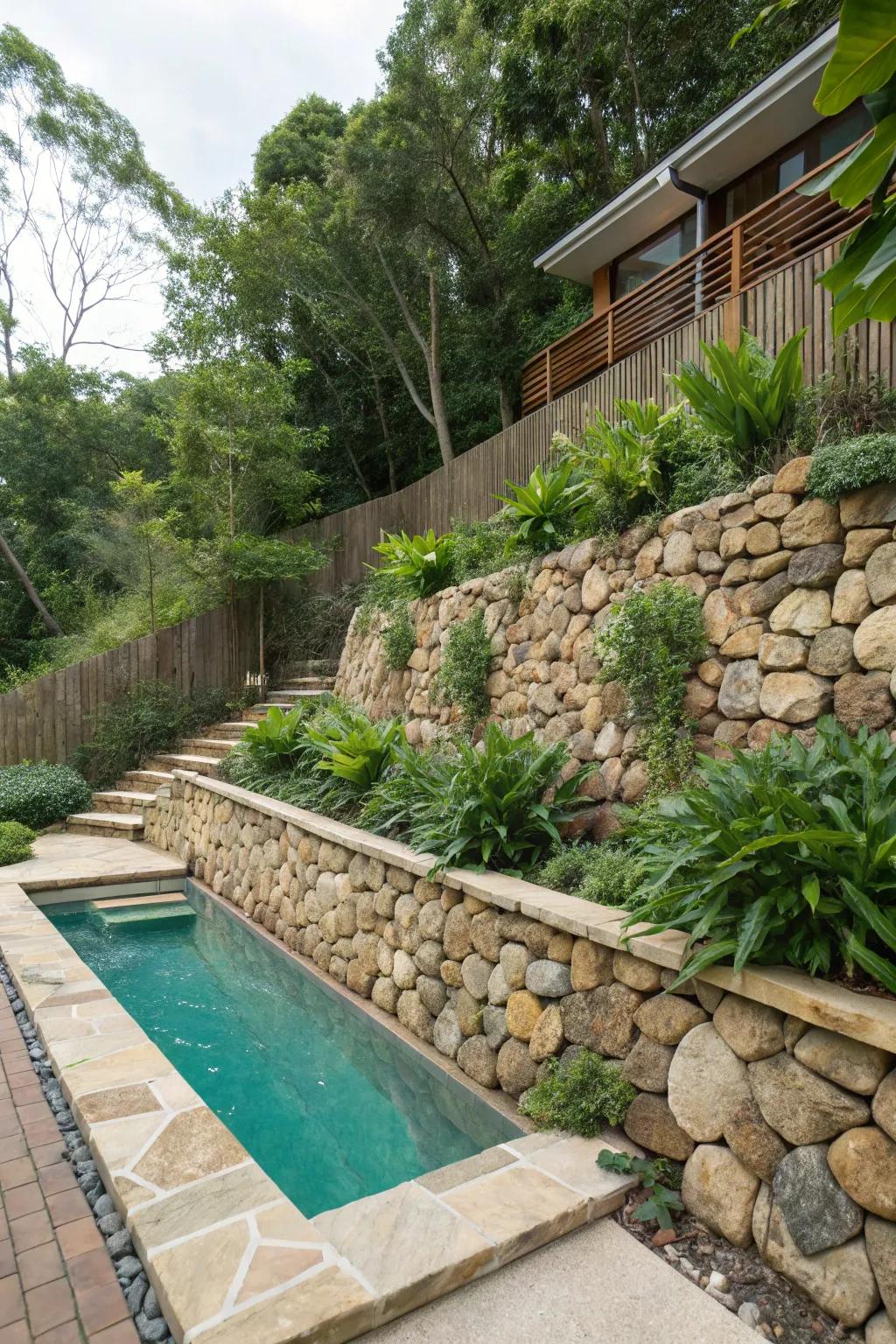 Natural stone retaining walls offer a classic touch to sloped pool areas.