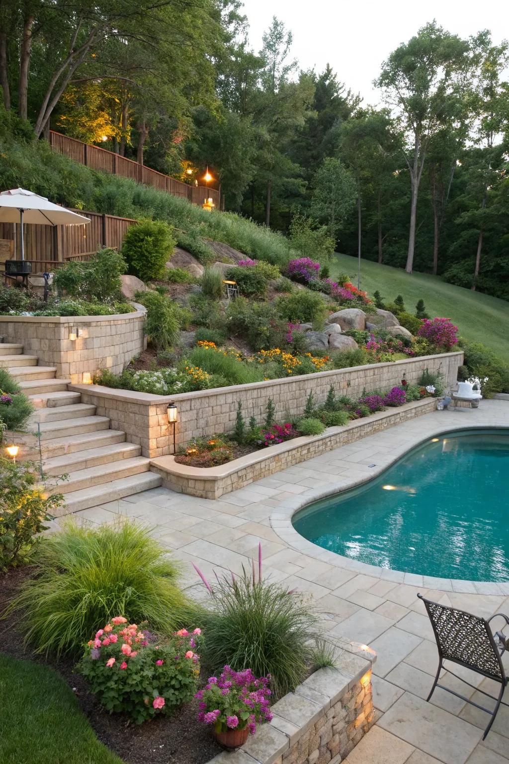 Greenery adds life and color to retaining wall designs.