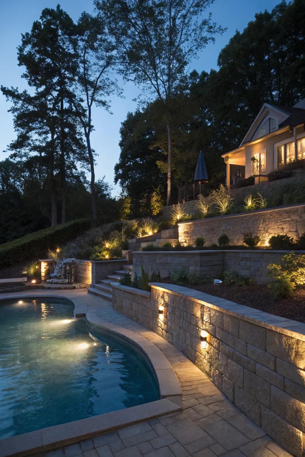 Accent lighting transforms retaining walls into dynamic nighttime features.