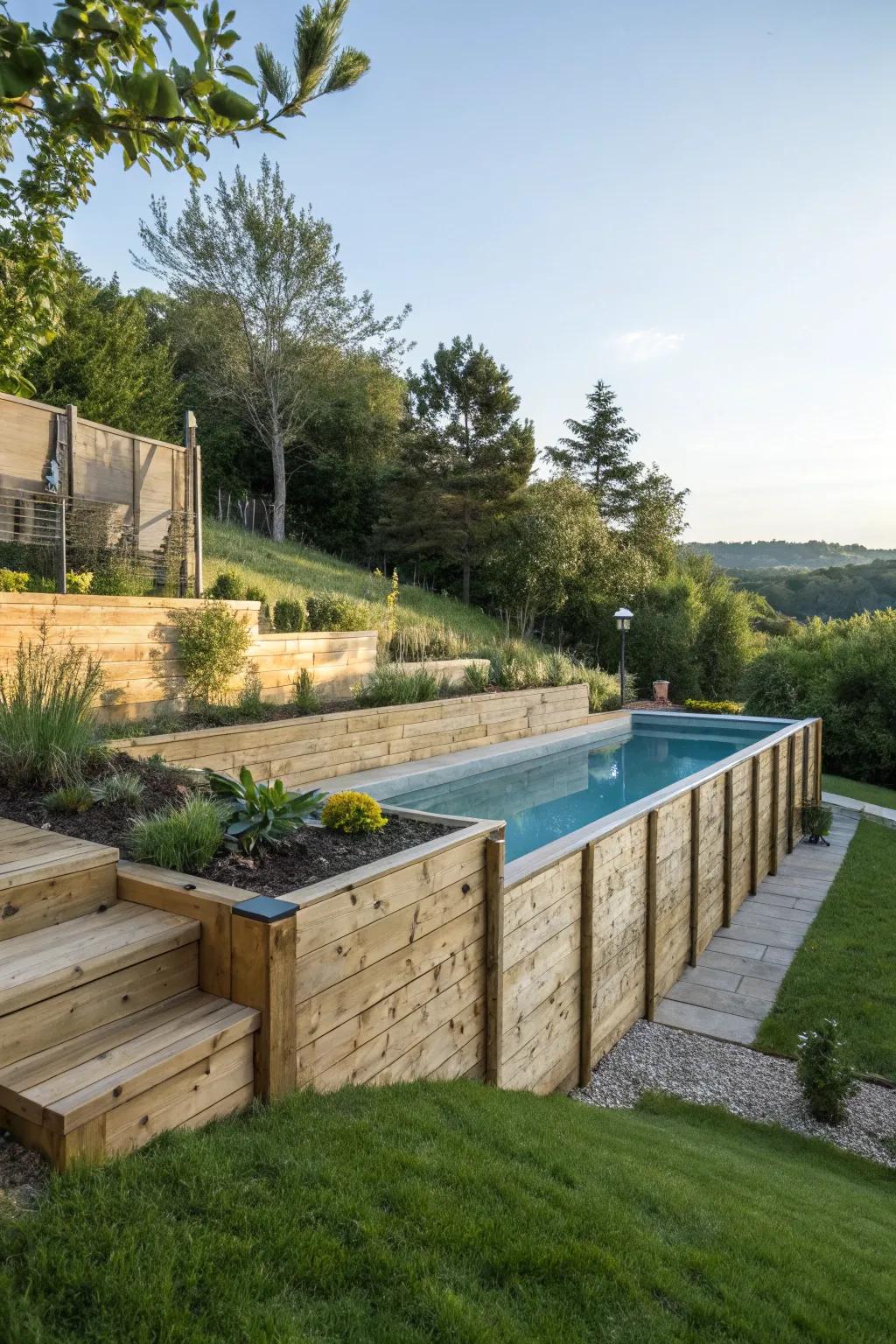 Wooden retaining walls provide a cozy, natural feel.