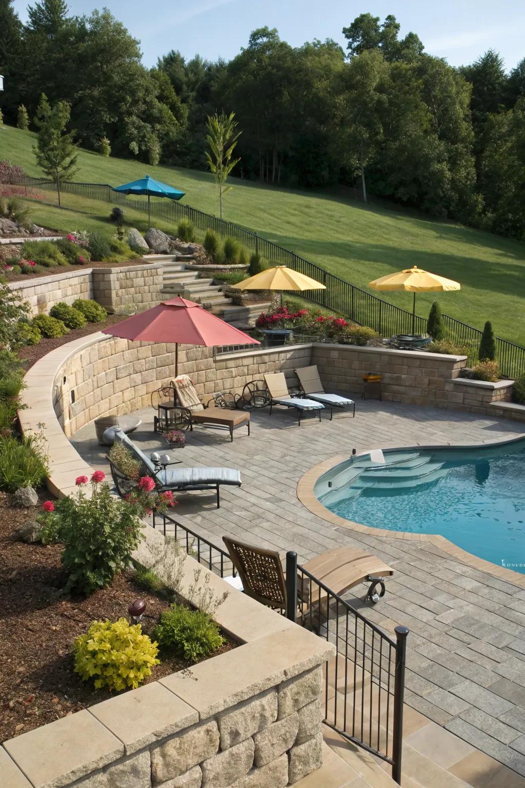 Lounge areas turn retaining walls into relaxing retreats.