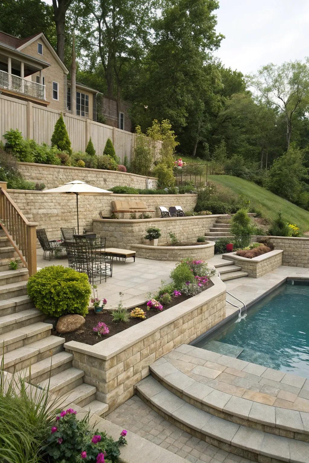 Tiered terraces maximize space and aesthetics in sloped backyards.
