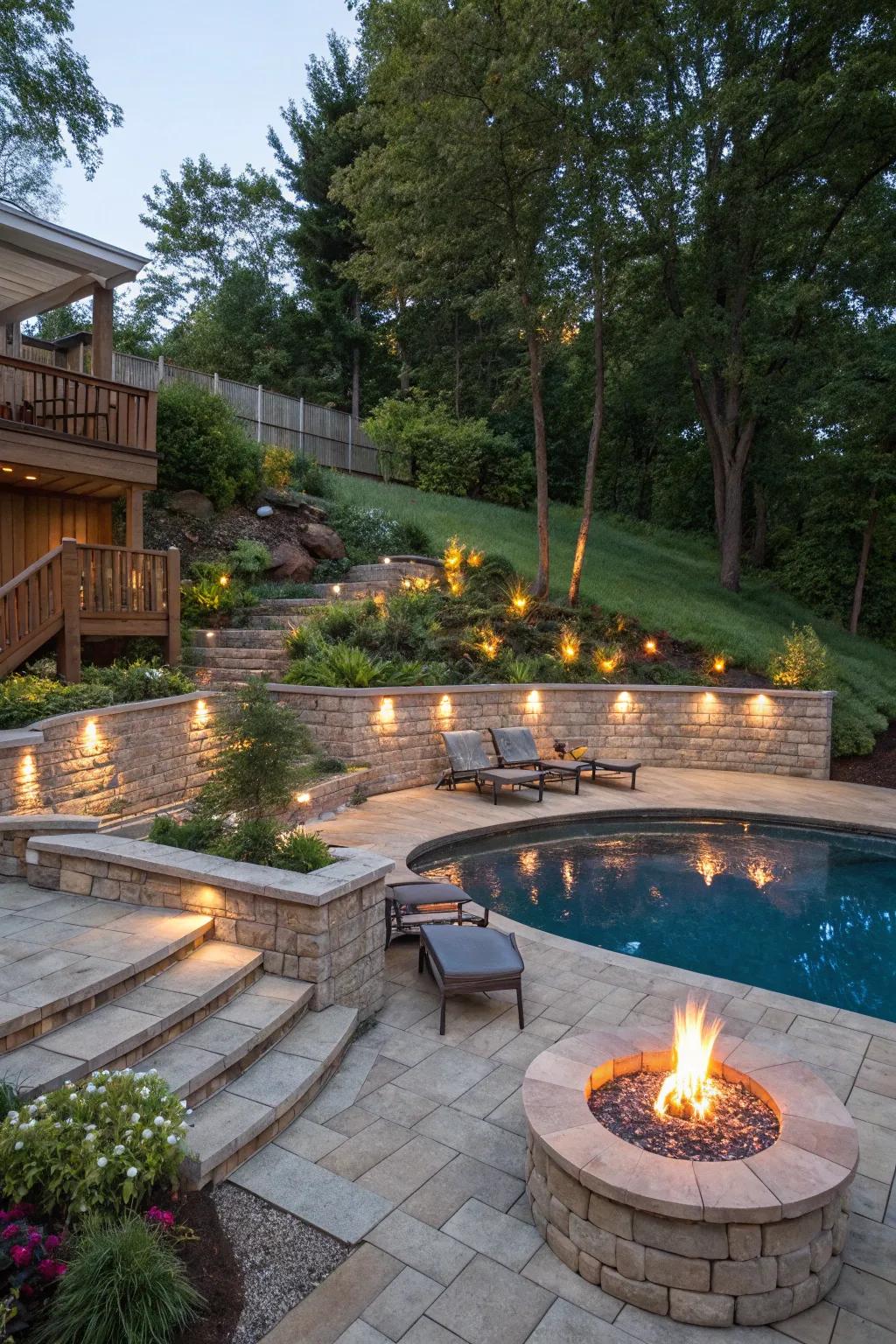 Fire features add warmth and allure to retaining walls.