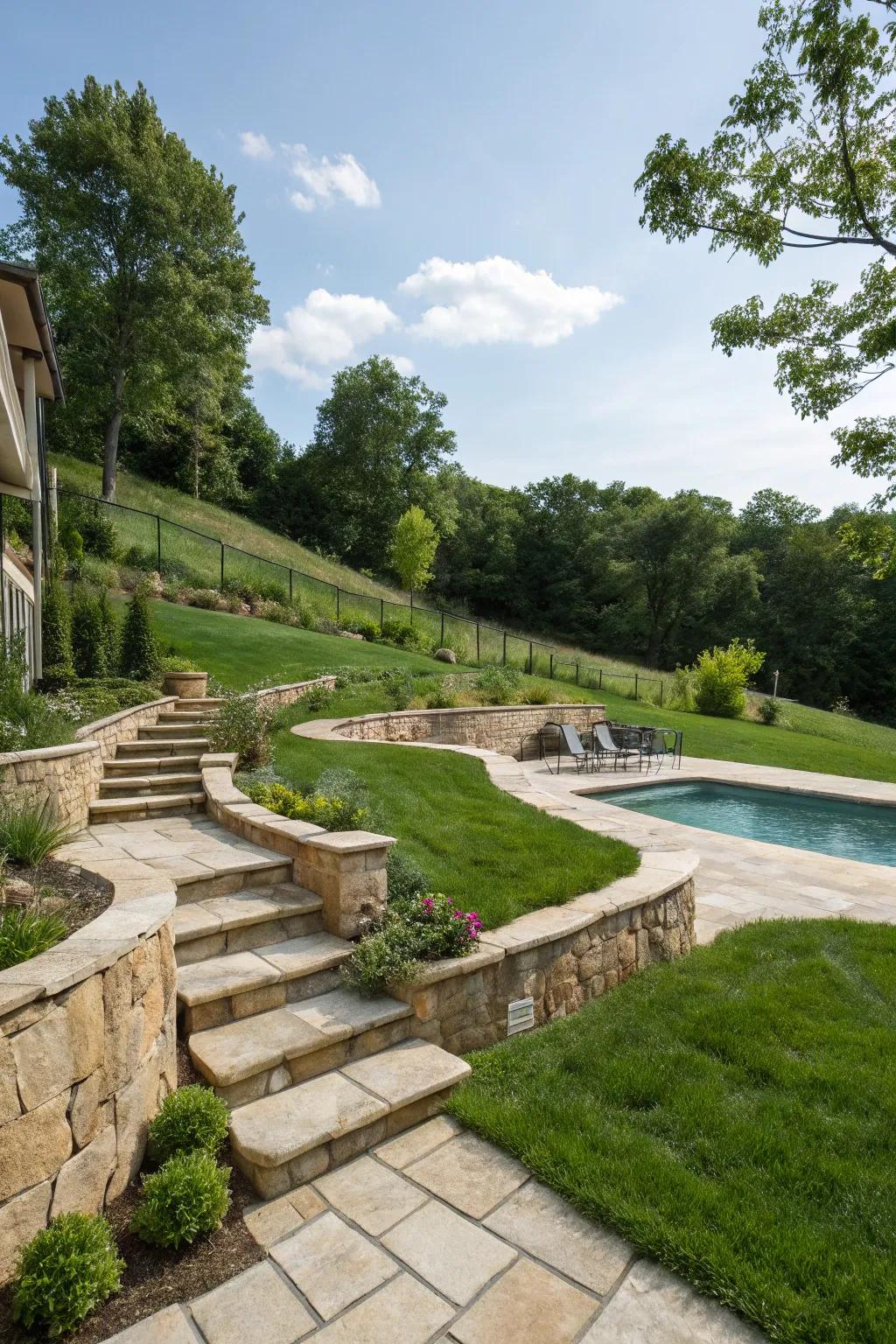 Pathways and steps provide practical access to different levels.