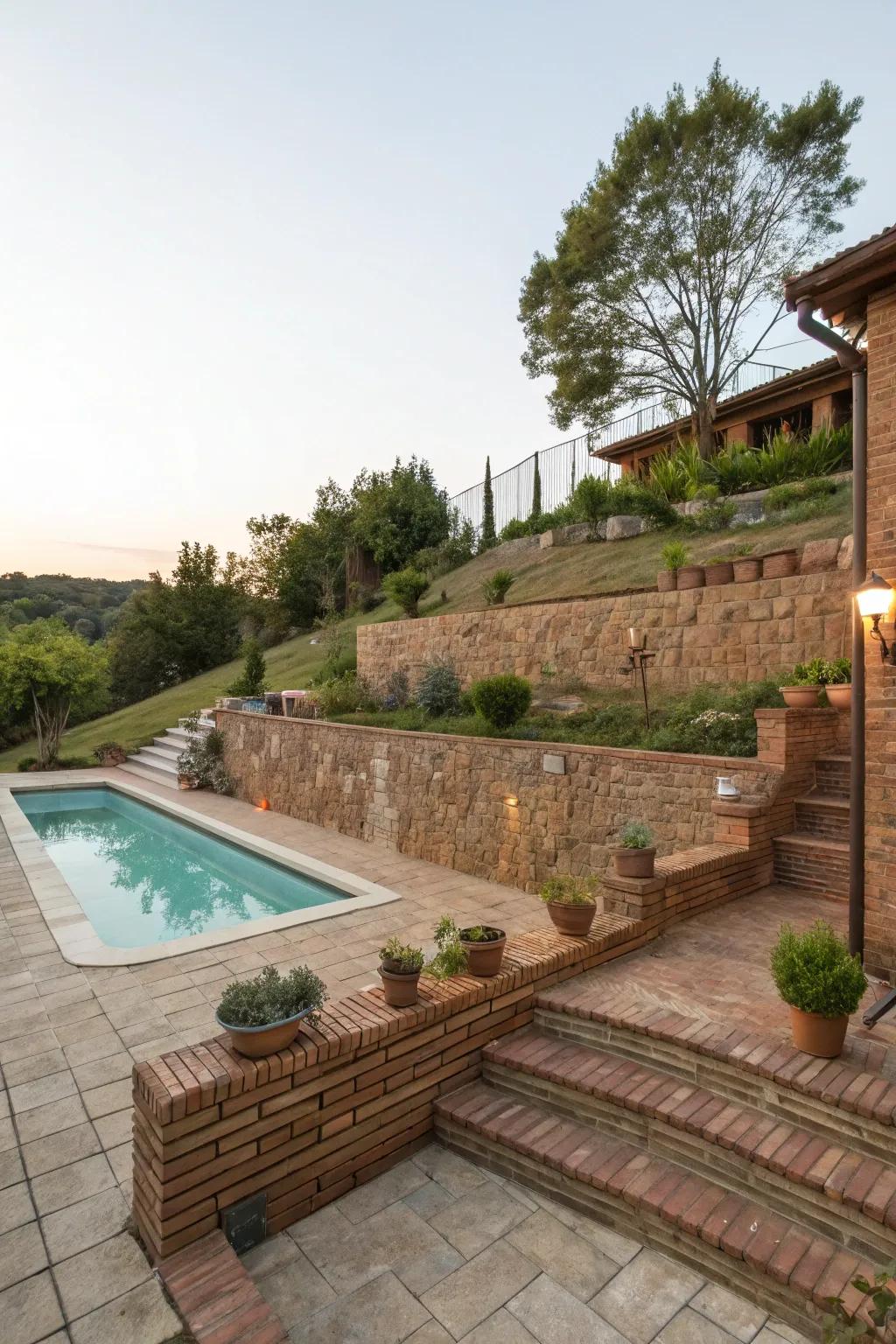 Rustic brick adds classic charm to poolside retaining walls.