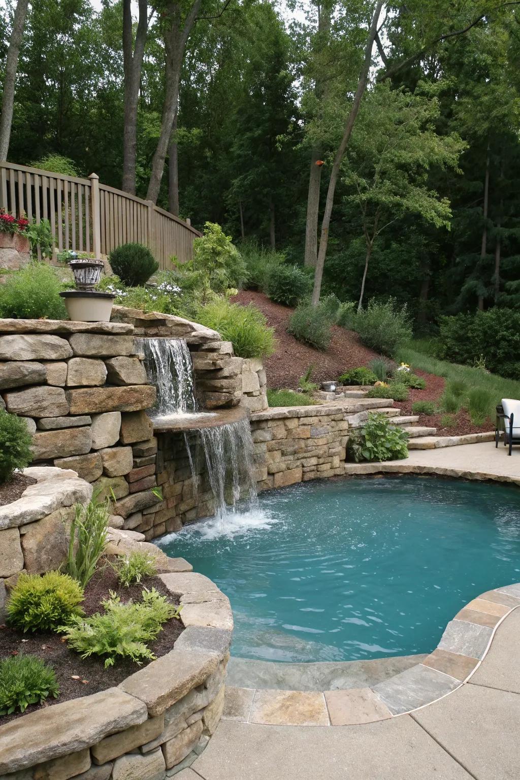 Waterfall features add tranquility and beauty to poolside retaining walls.