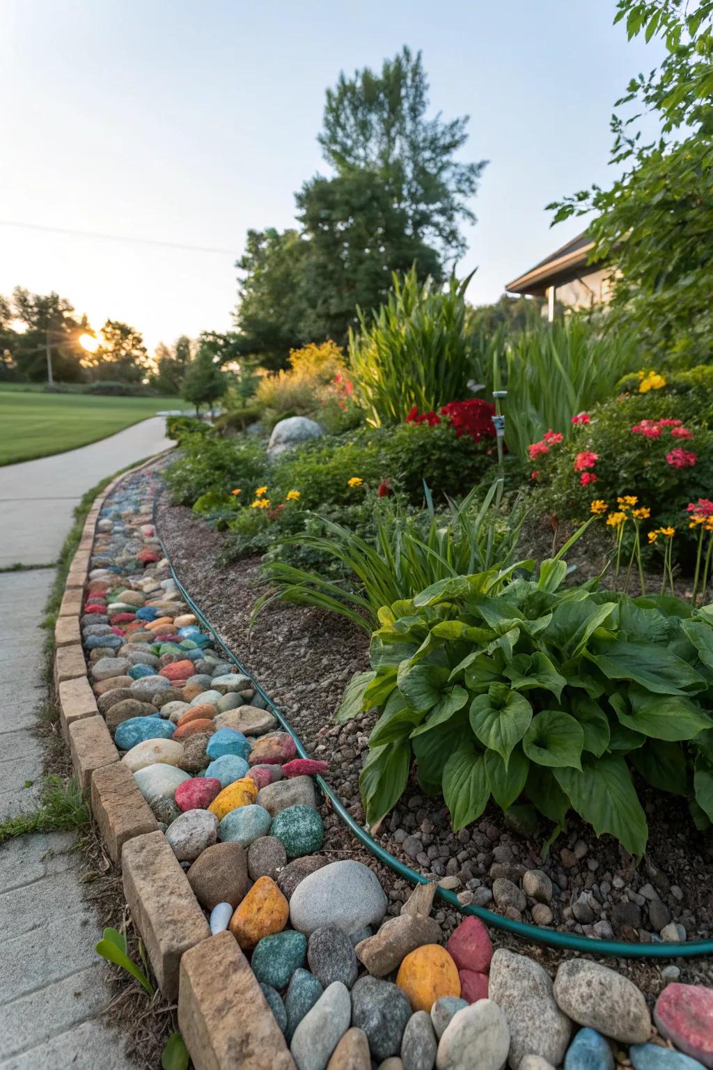 Decorative rock edging adds color and texture to garden borders.