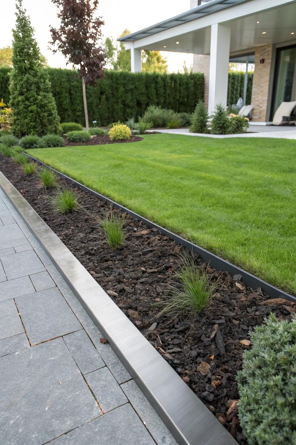 Metal edging provides a modern touch to garden design.