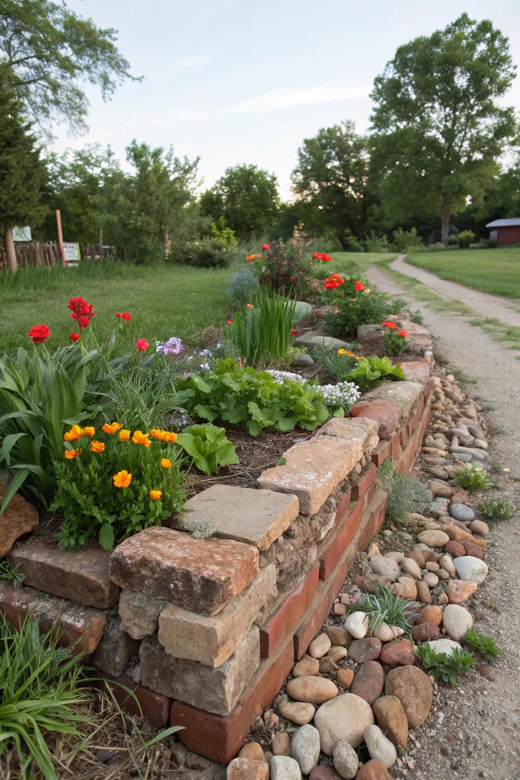 Repurposed materials add unique character to garden edges.