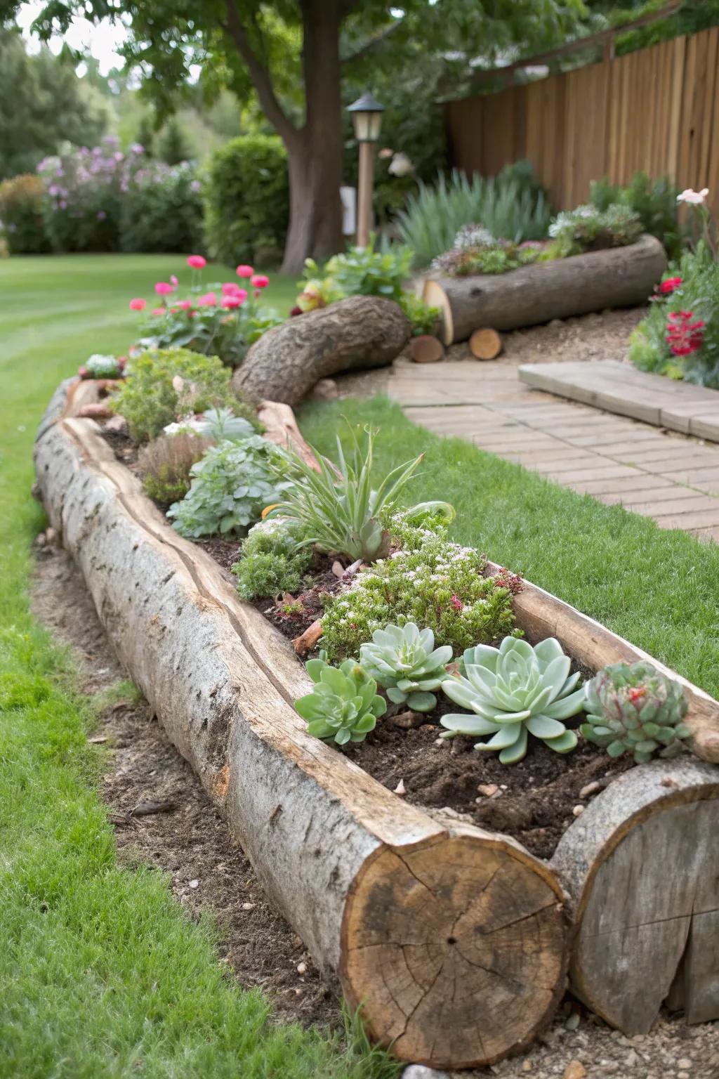 Hollowed log edging adds whimsy and functionality to gardens.
