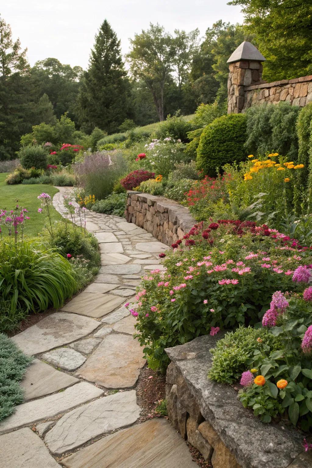 Natural stone borders provide an organic look to garden edges.