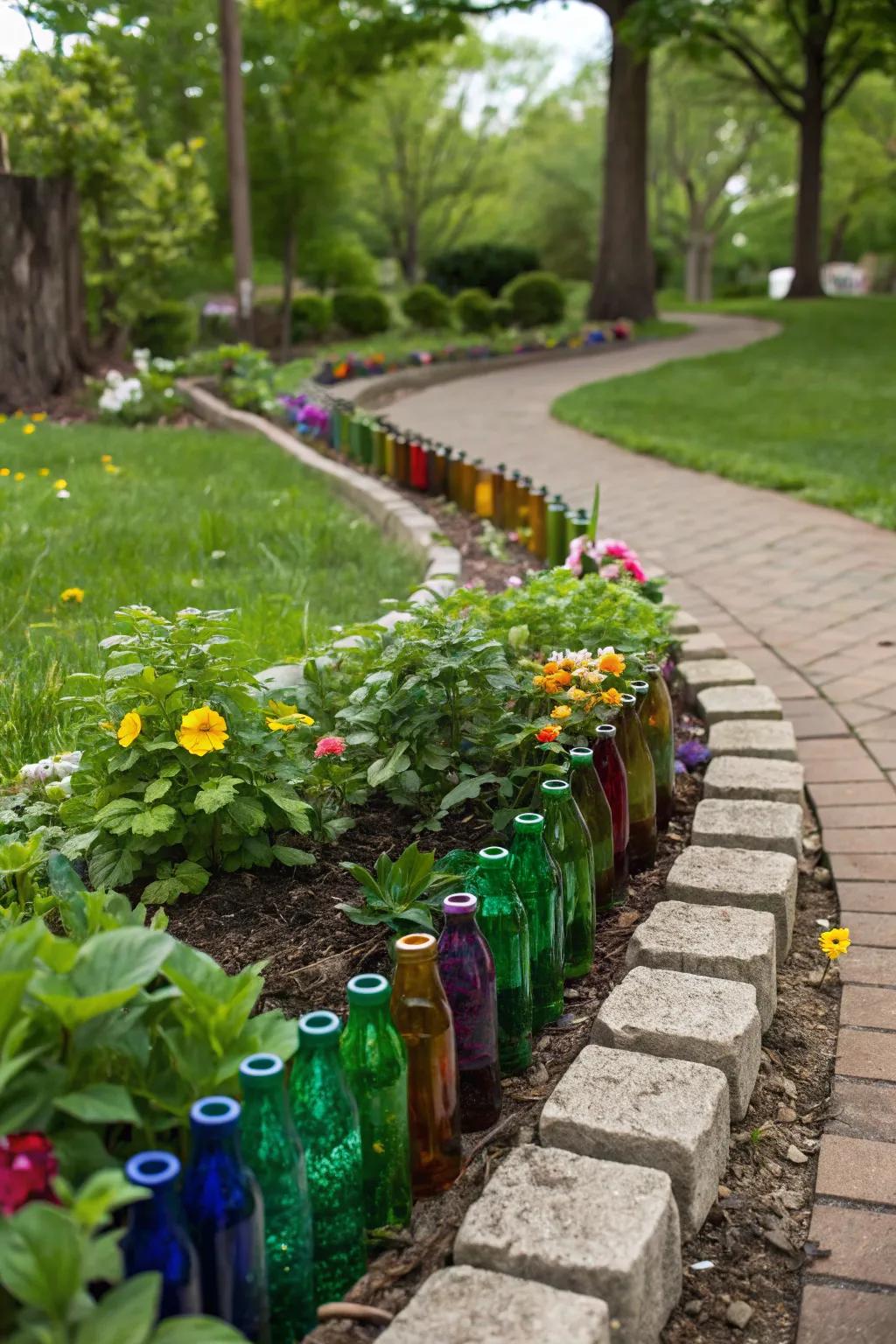 Glass bottle edging adds a playful and artistic touch to gardens.