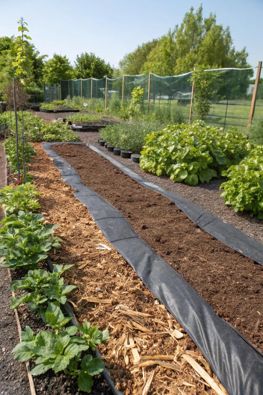Geotextile fabric underlay keeps mulch areas neat and weed-free.