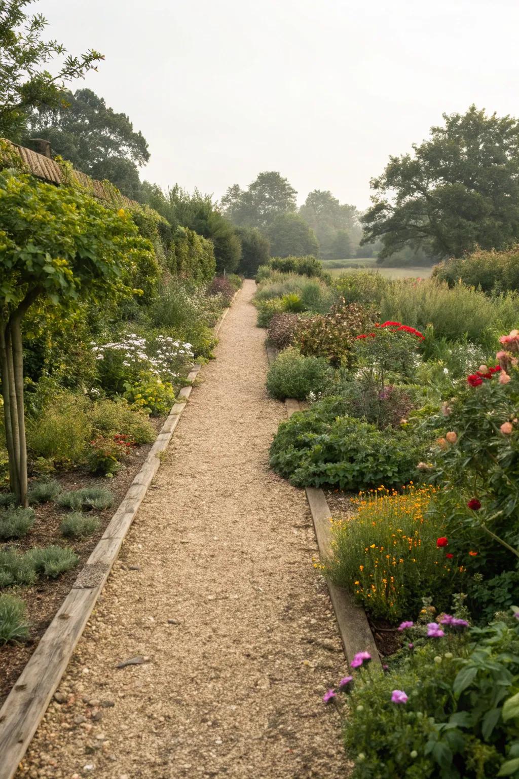 Gravel pathways provide practical and aesthetic edging for gardens.