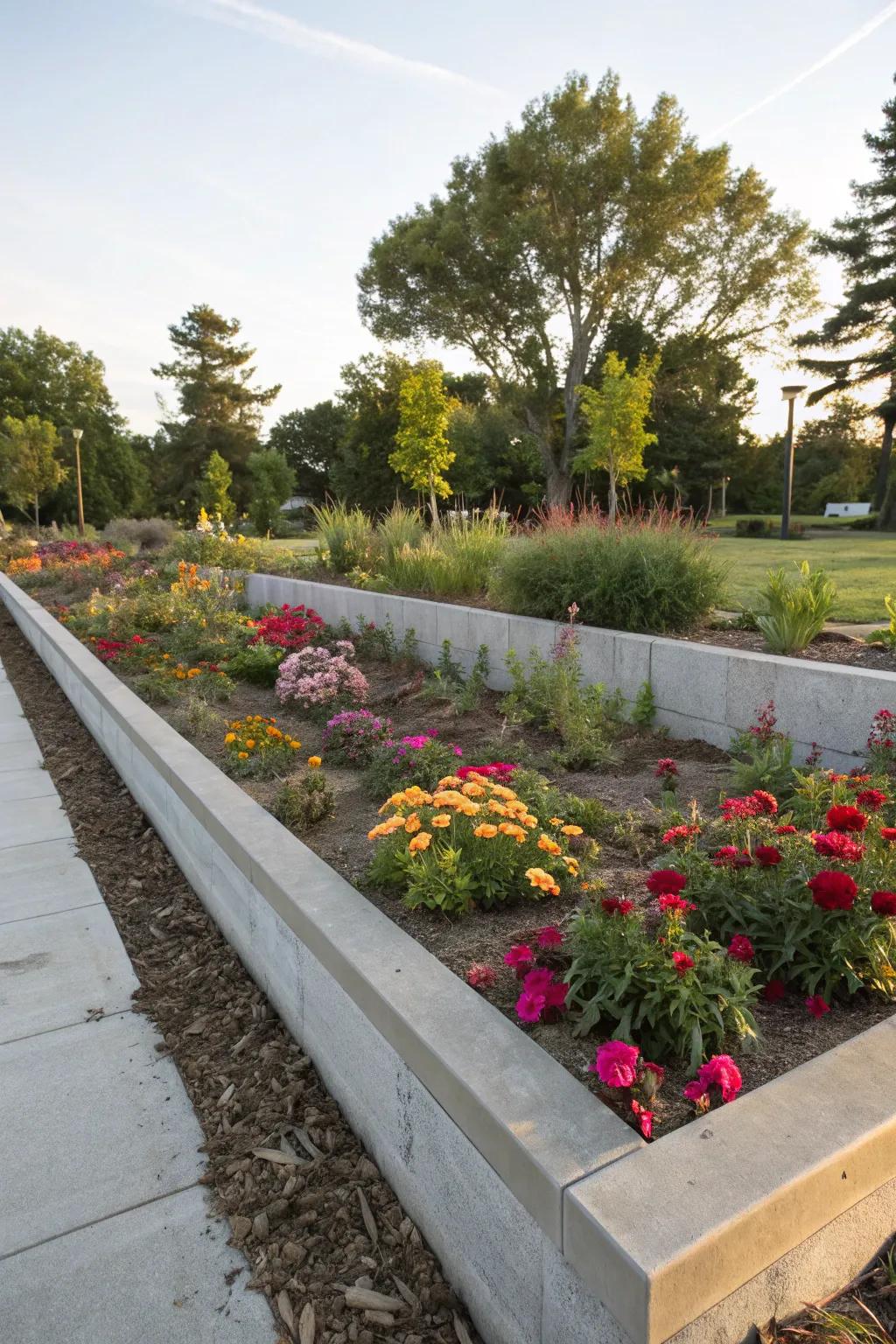 Concrete edging provides a durable and clean look for gardens.