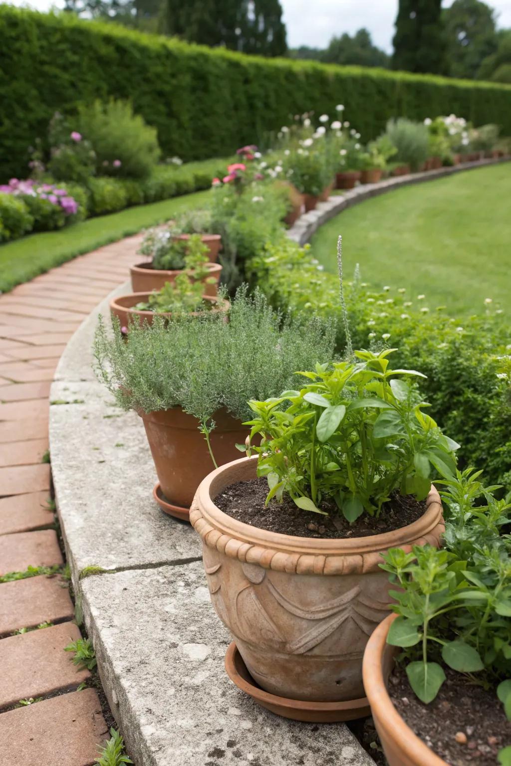 Terracotta pot edging adds rustic charm to garden borders.