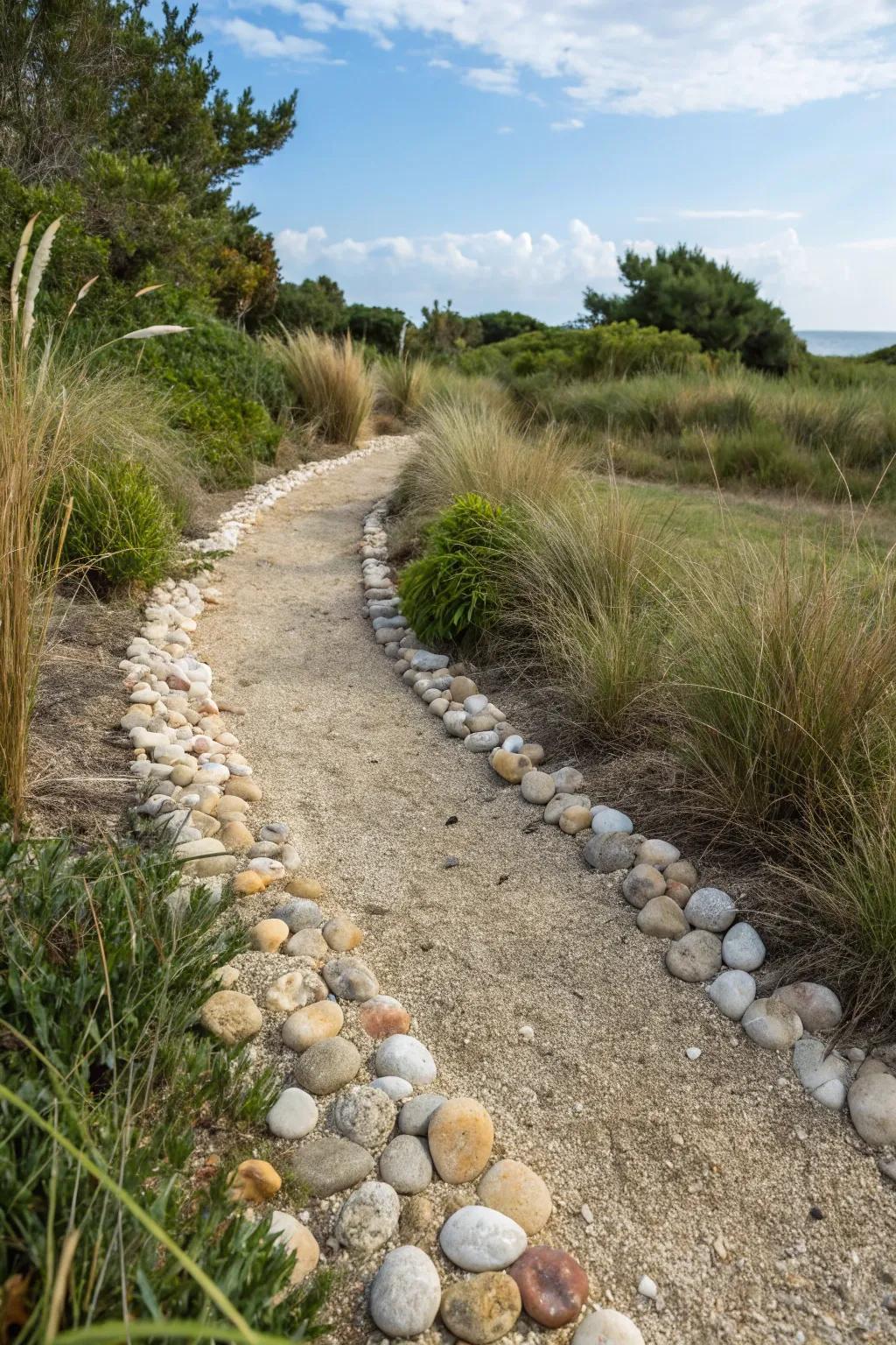 Shell or pebble borders bring a coastal vibe to garden paths.