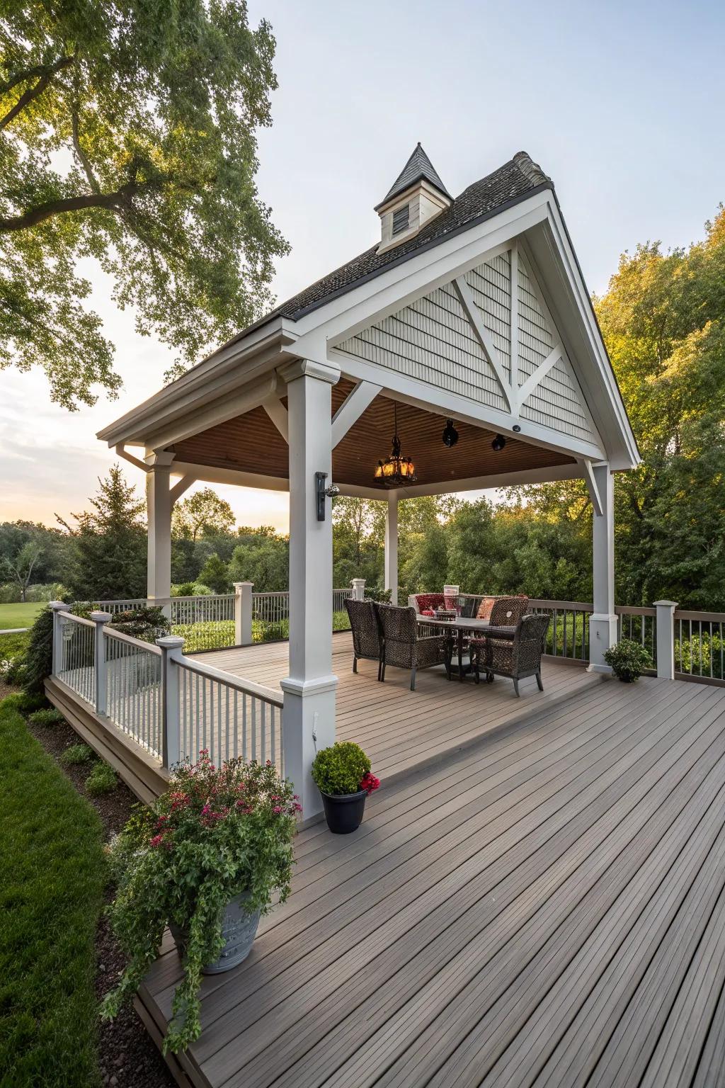 A gabled roof combines durability with traditional charm.