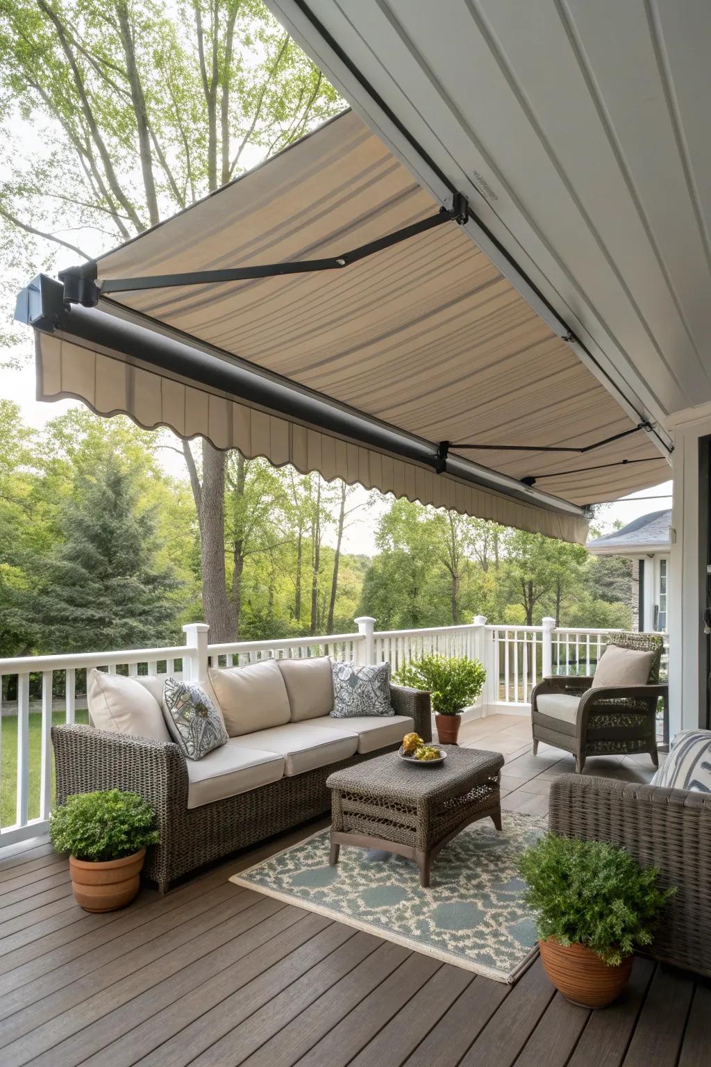 Retractable awnings offer versatile protection from the elements.