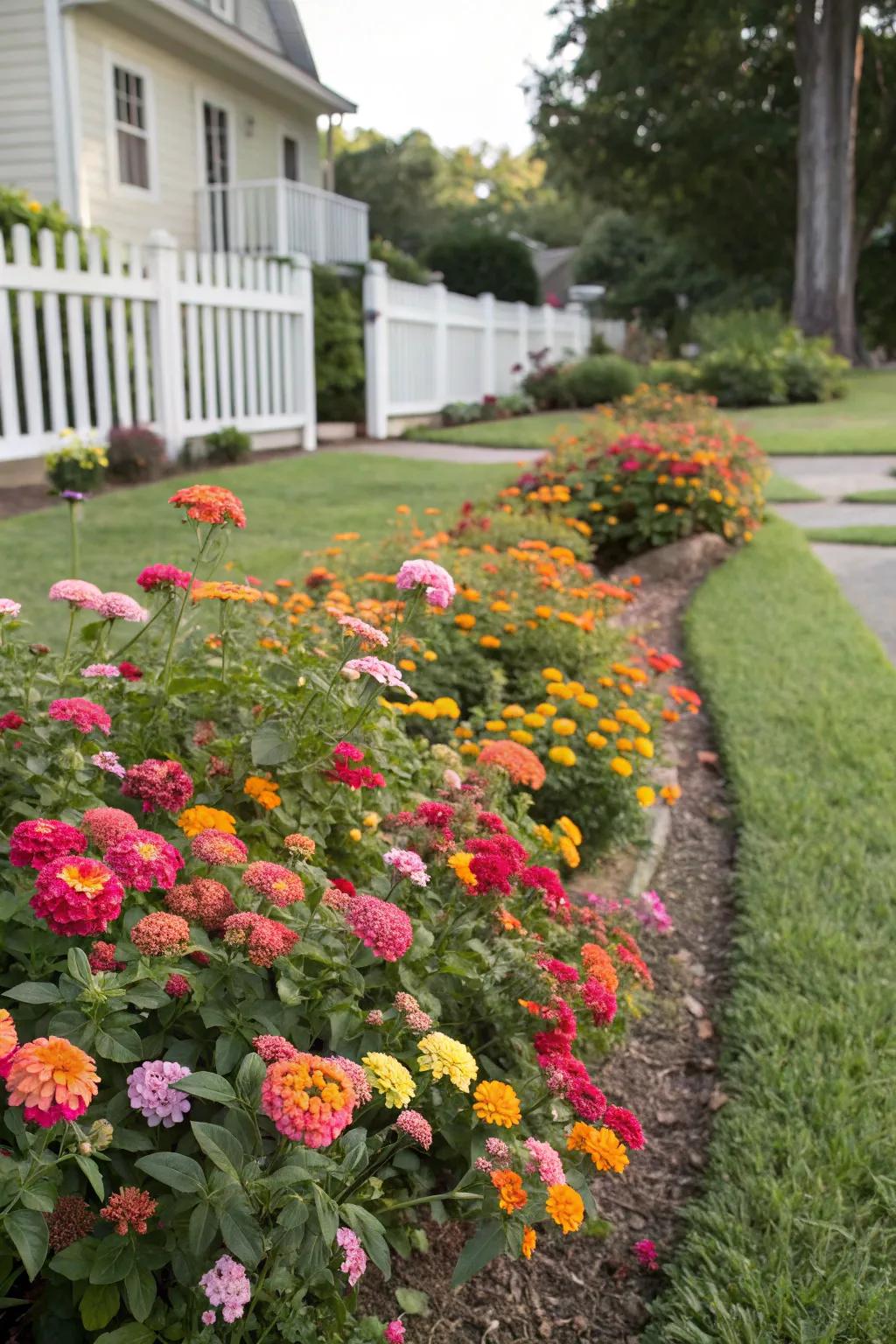 A stunning flower bed with vibrant lantana blooms in a home garden.