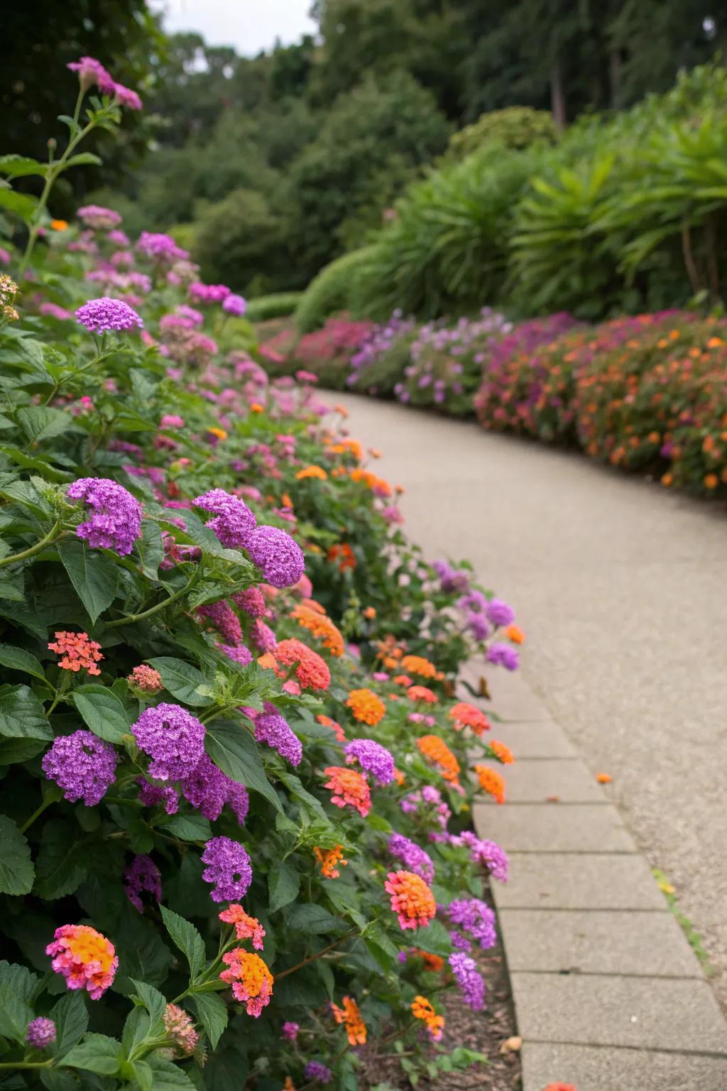 Lantanas defining a colorful border along a garden path.