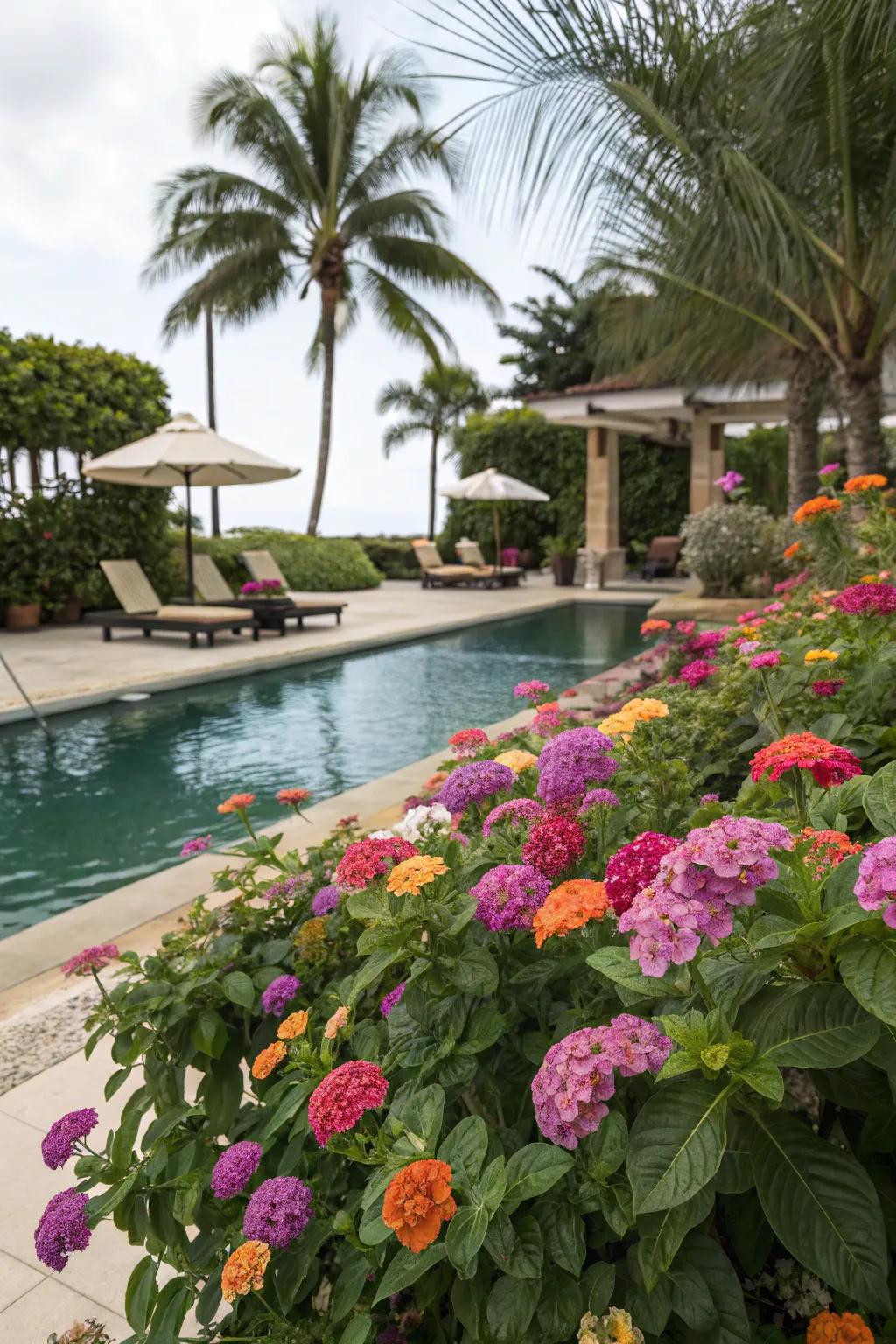 A poolside garden with lantanas, providing a tropical flair.