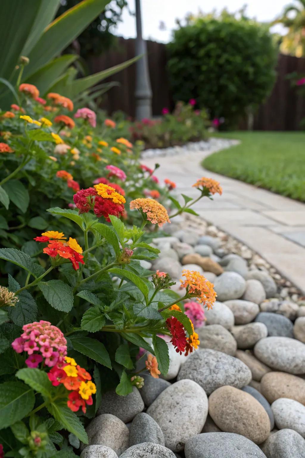Lantanas highlighted by decorative stones, enhancing their vibrant hues.