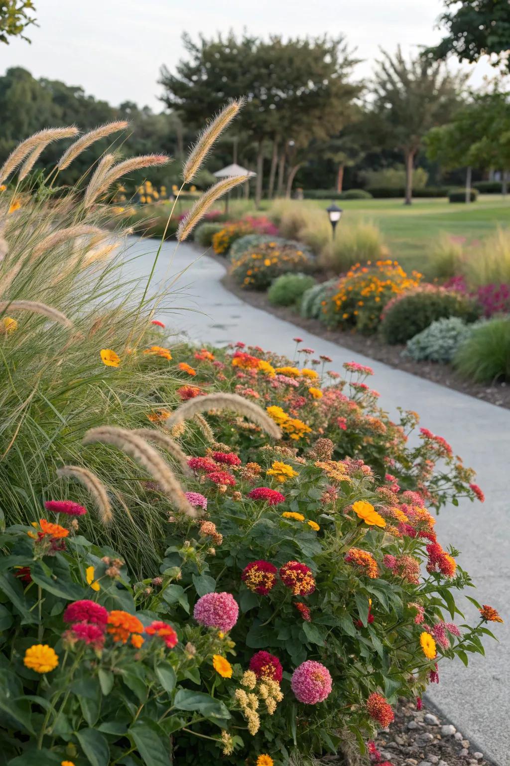 A diverse garden mix with lantanas and ornamental grasses.