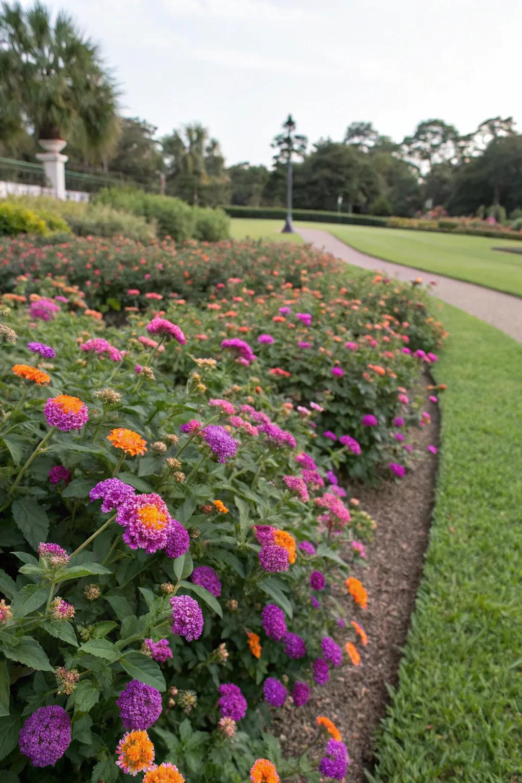 Lantanas spreading as vibrant groundcover in a lush garden.