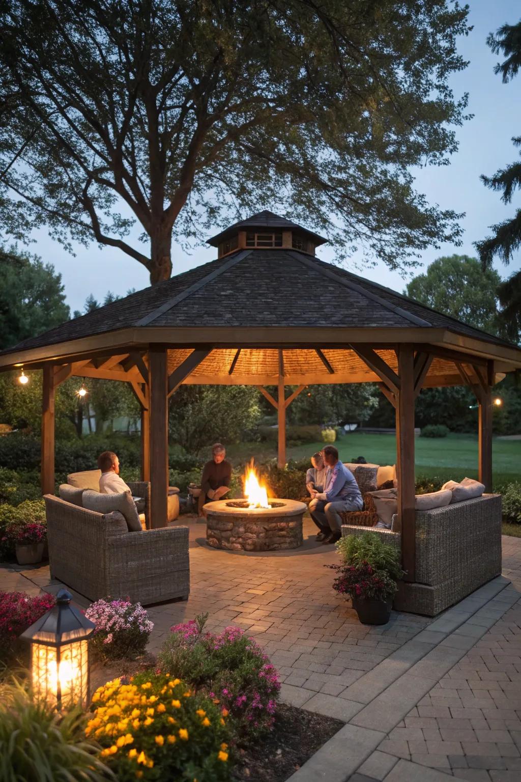 A cozy fire pit pavilion perfect for evening gatherings.