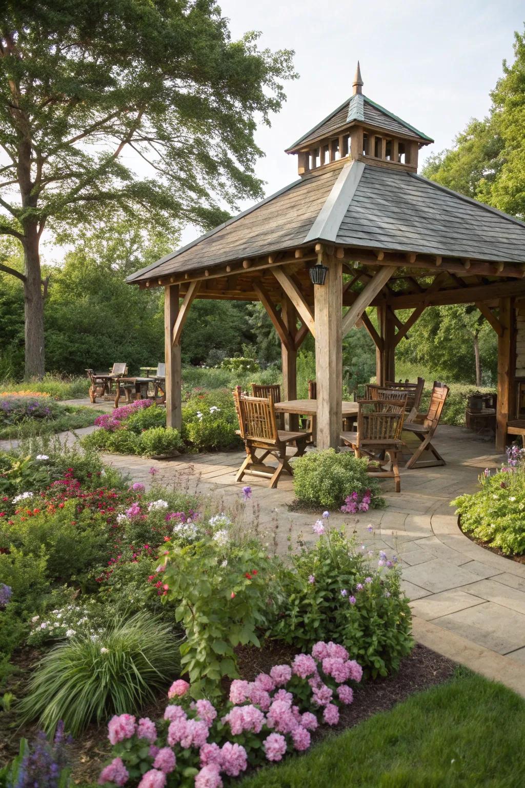 A rustic wooden pavilion that invites you to unwind in its natural embrace.