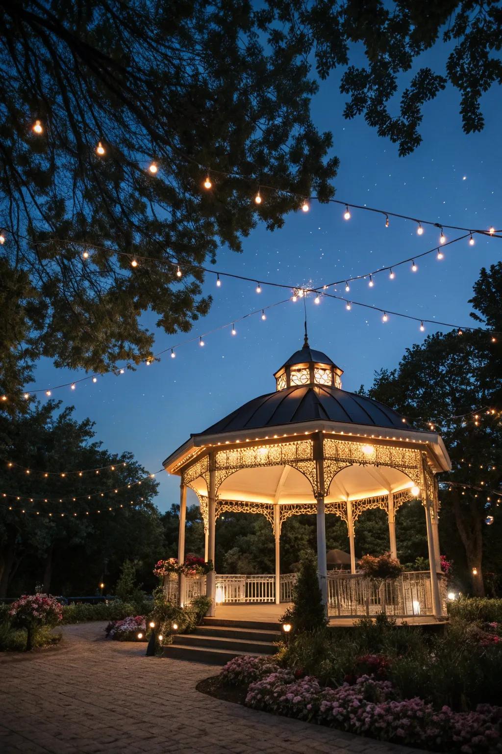 A pavilion glowing in the soft, enchanting light of fairy lights.